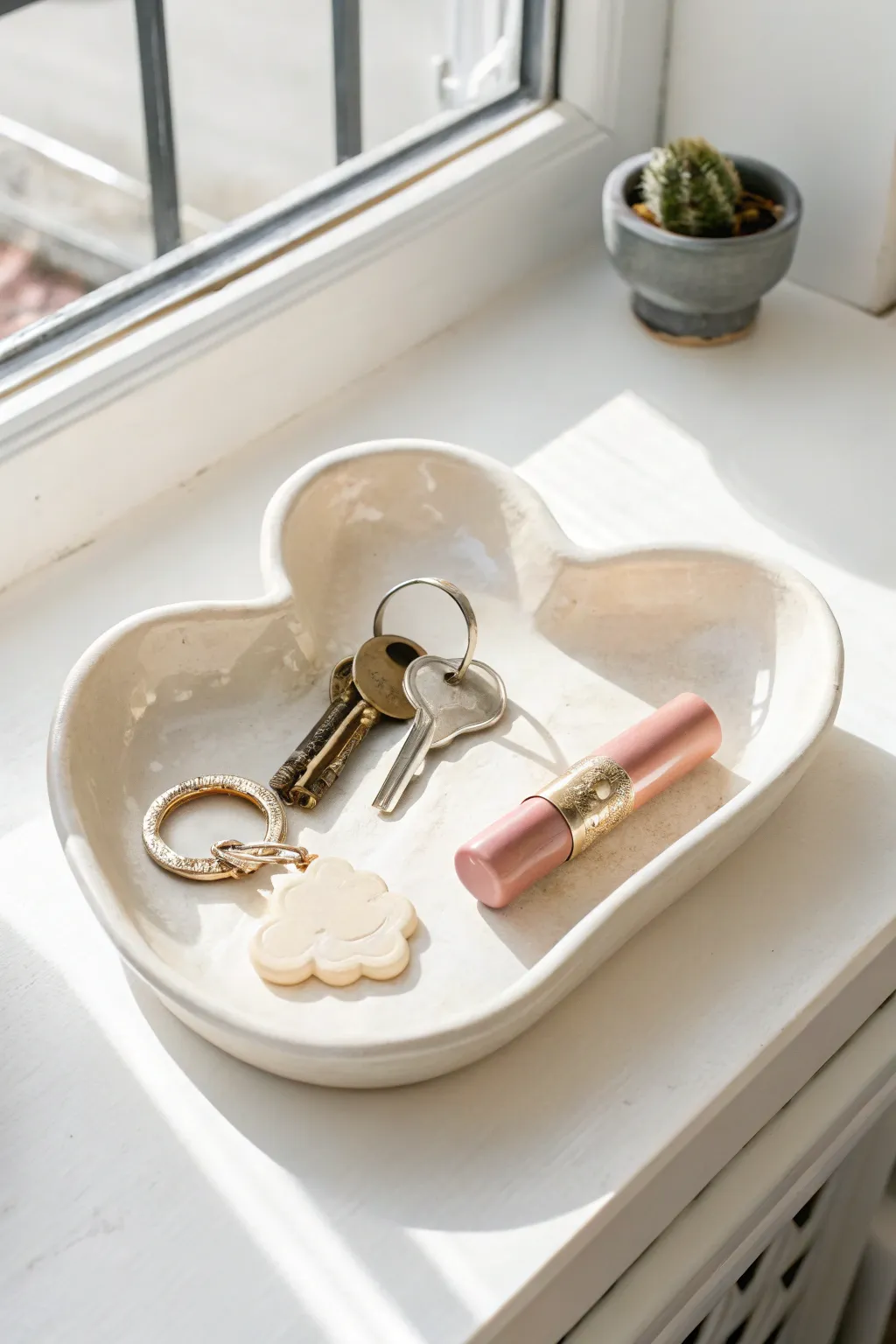 Minimal cloud catch-all tray in glossy white, perfect for keys and lip balm on a clean desk