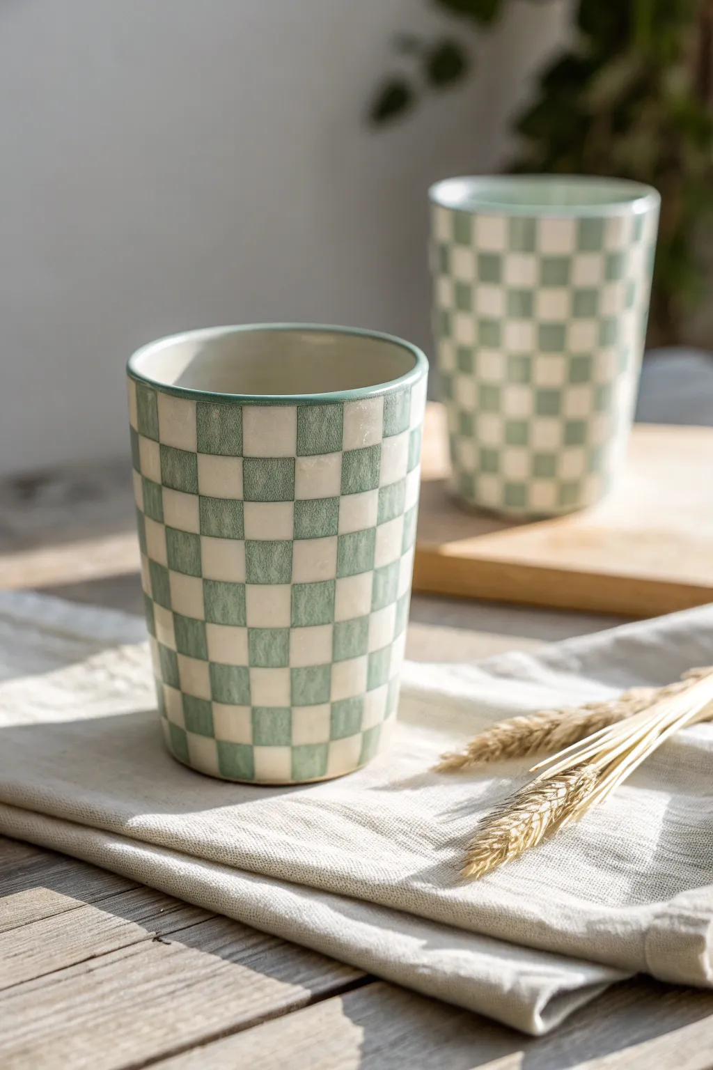 Cream and sage checkered tumblers styled in soft daylight for a minimalist, boho pottery look
