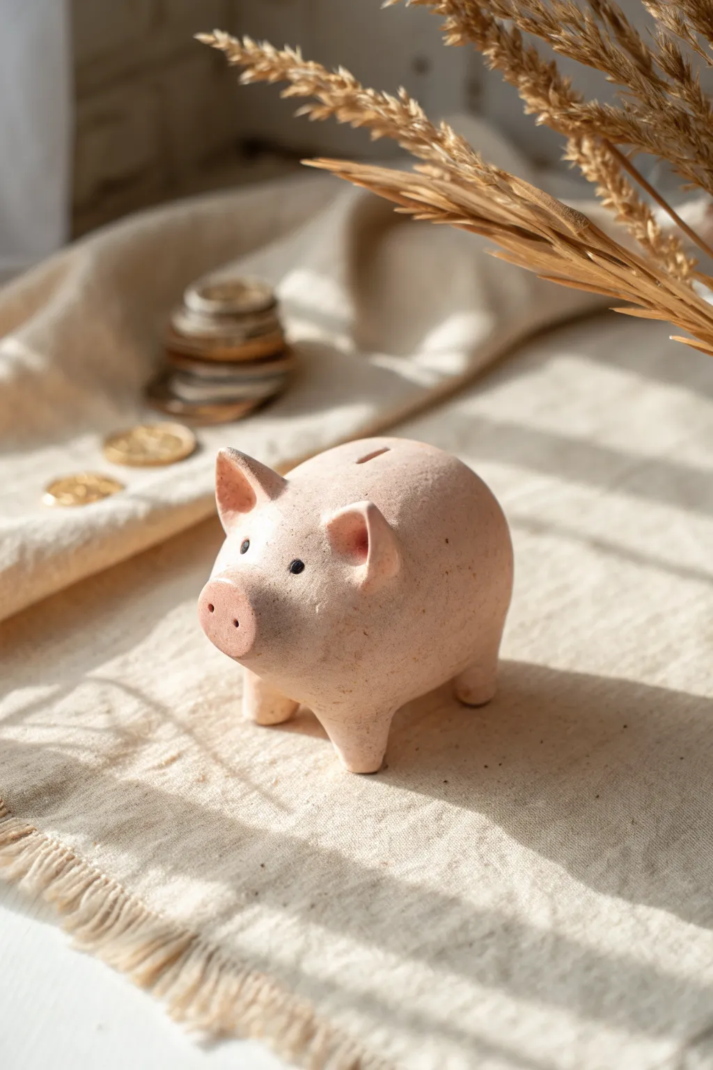 Mini air-dry clay piggy with a sweet snout, minimalist boho desk buddy in soft neutral tones