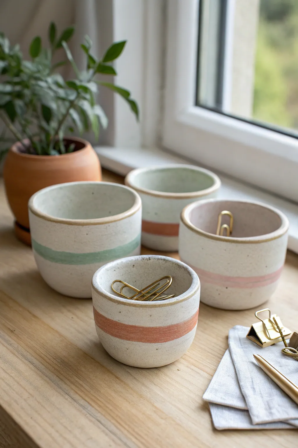 Simple air-dry clay pinch pots with painted rims, perfect for paper clips and small treasures
