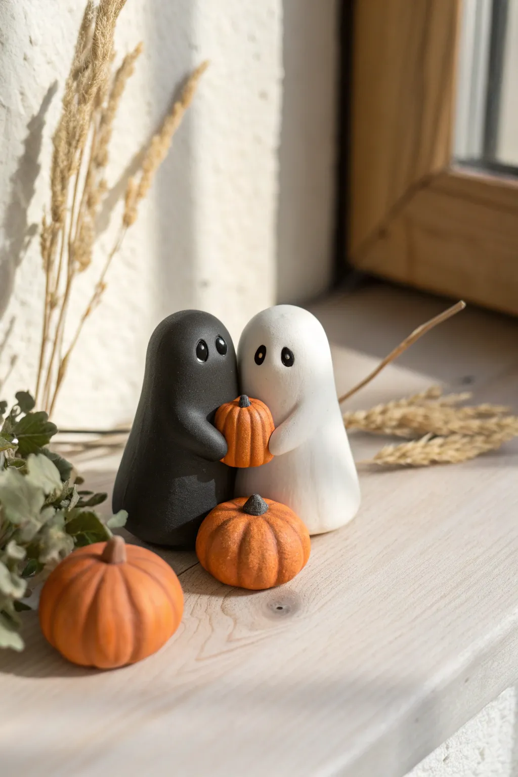 Tiny air-dry clay ghosts hugging muted pumpkins, a minimalist Halloween accent with cozy boho charm