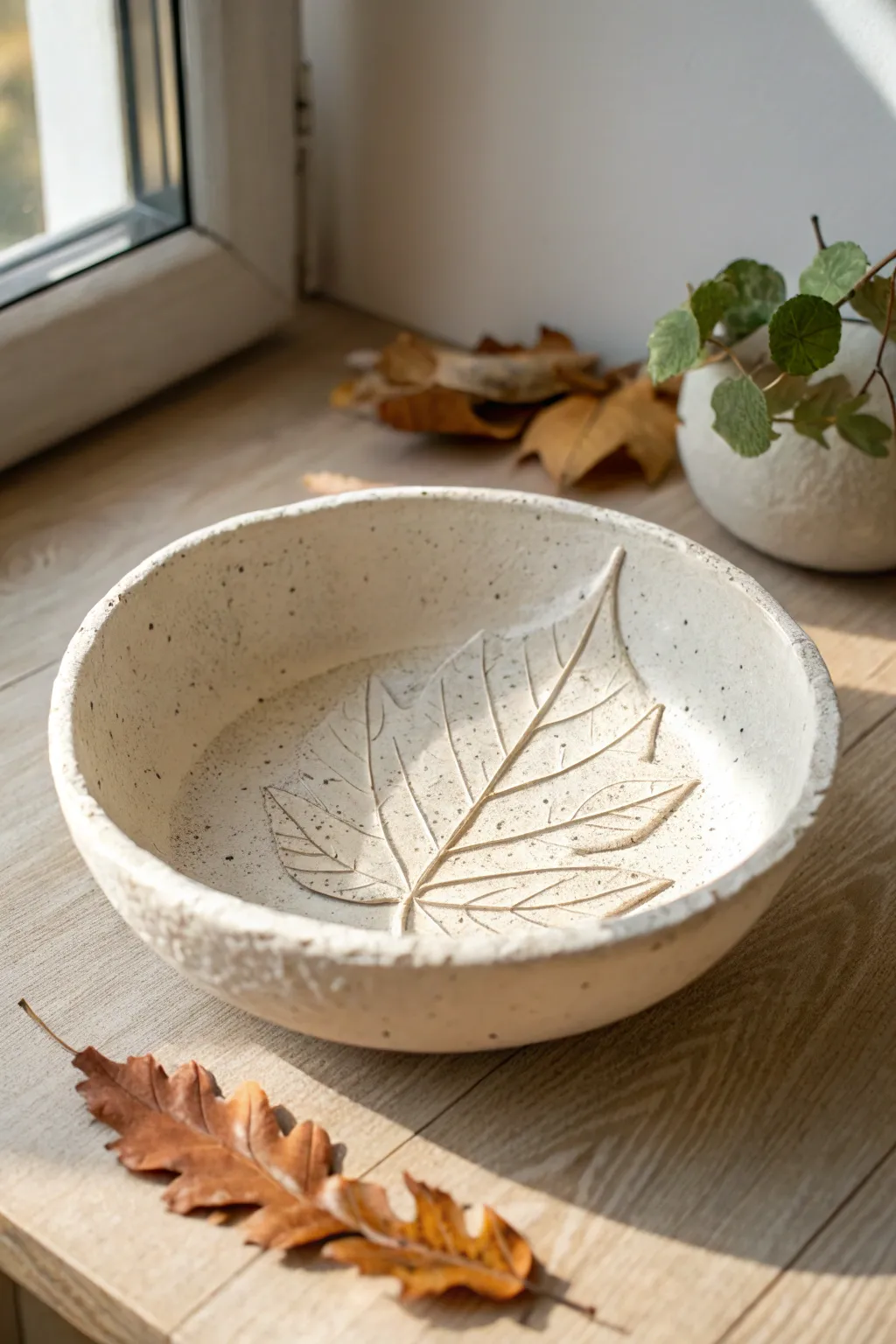 Minimal leaf-impressed air clay bowl with a softly wavy rim and natural texture contrast