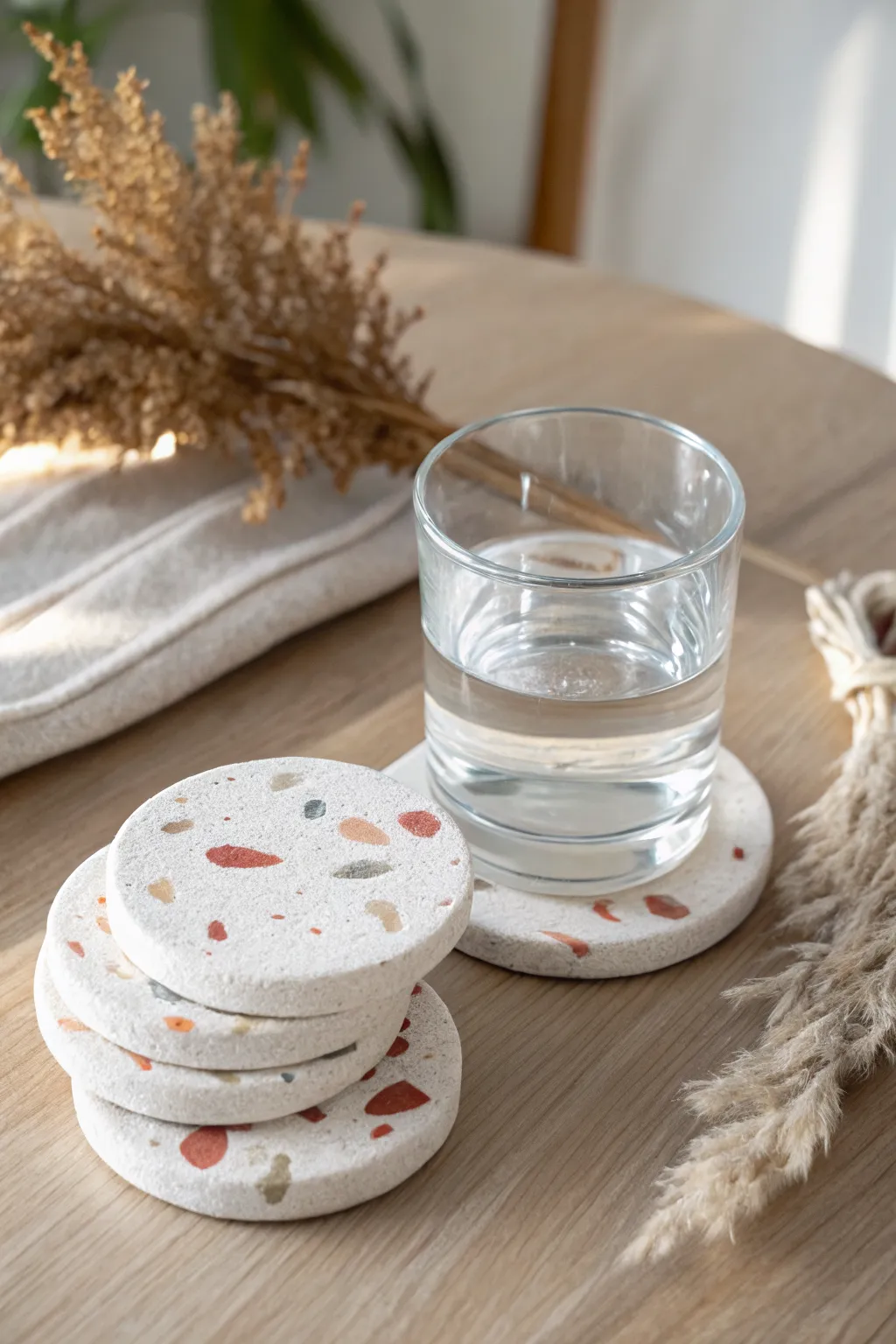 Beginner-friendly terrazzo air clay coasters styled as a chic set with a simple glass on top