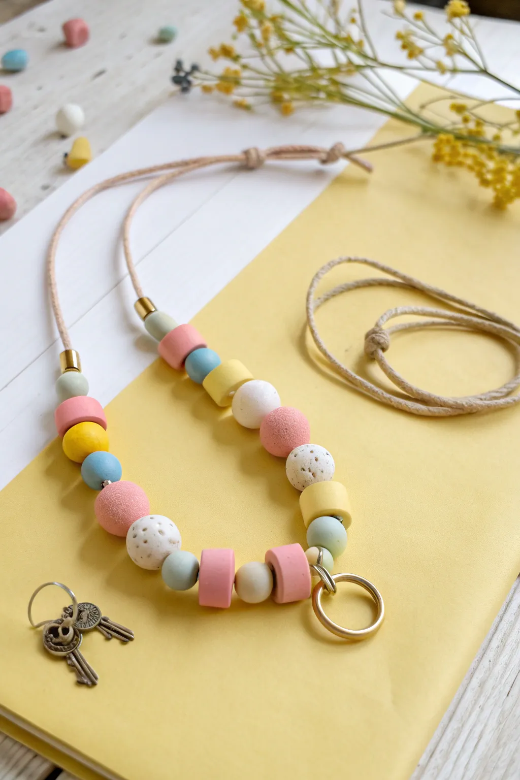 Chunky air-dry clay beads form a playful kids necklace, with a matching keychain charm.