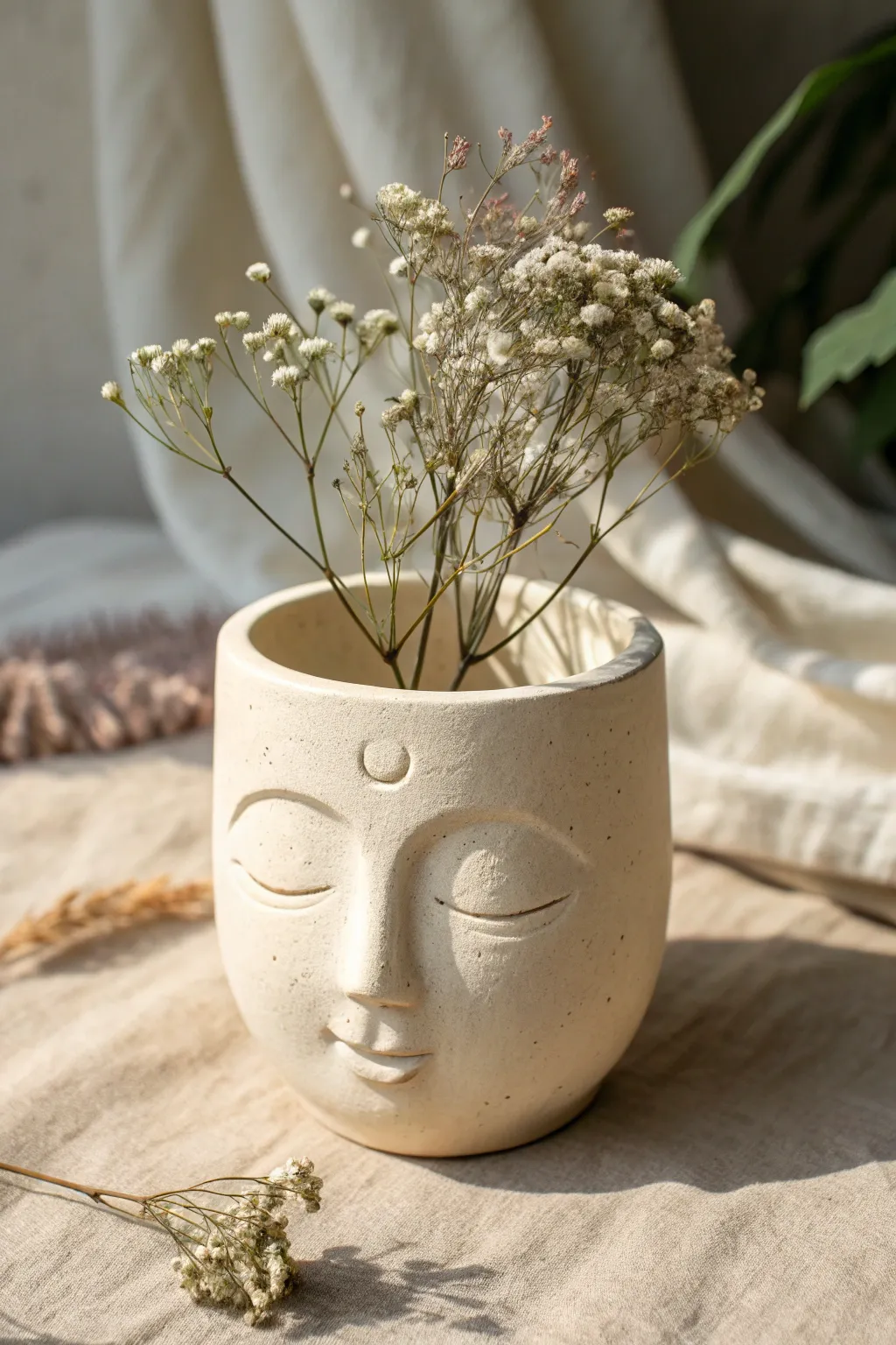 Sweet face pot with blush cheeks and dried blooms, a simple air-dry clay idea to copy.