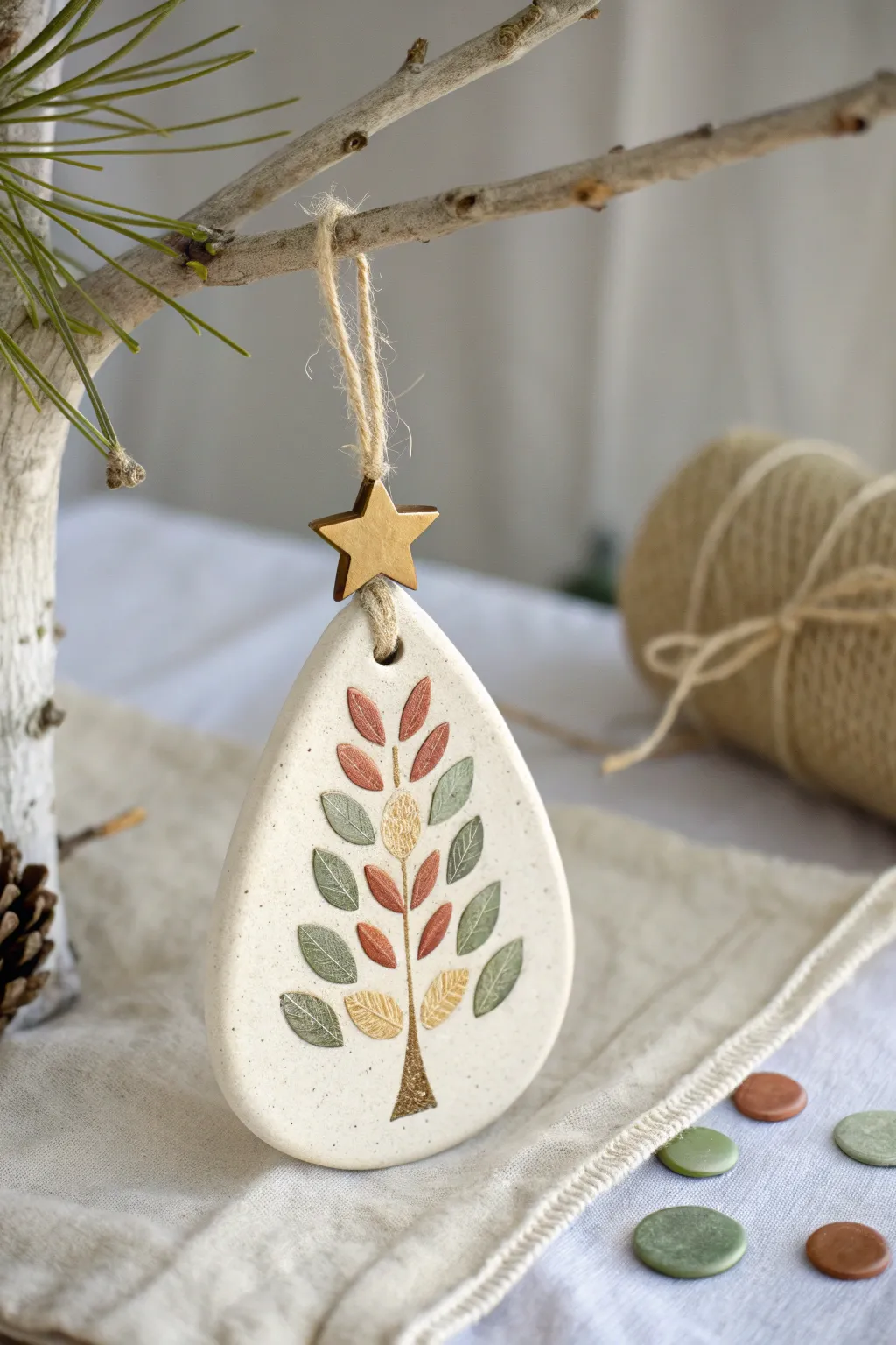 Minimal fingerprint tree air-clay ornament, a sweet keepsake with a tiny star topper.