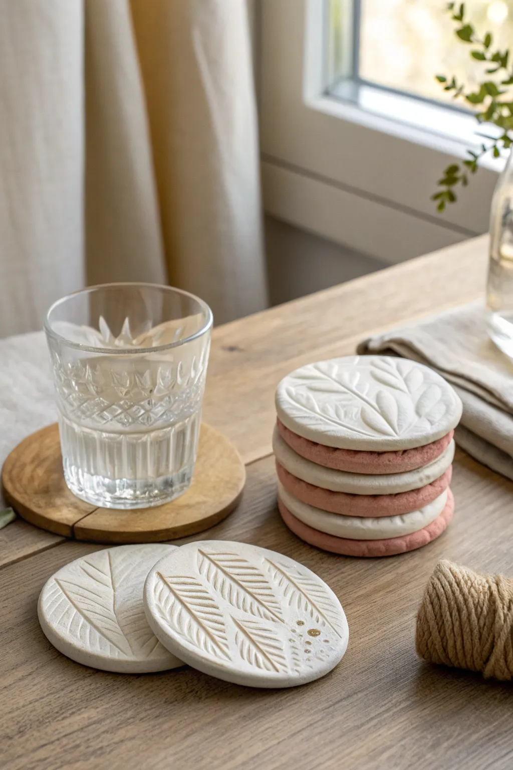 Stamped air dry clay coasters with painted edges add cozy minimalist texture to your coffee table.
