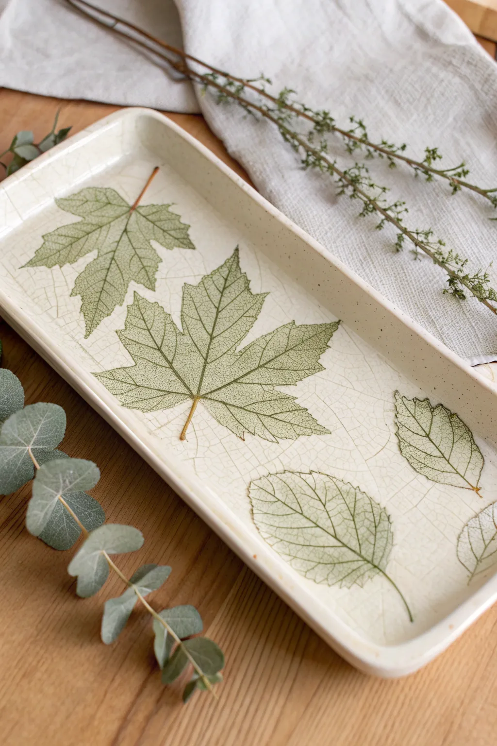 Leaf-imprint air dry clay tray with a soft wash finish and minimalist botanical styling