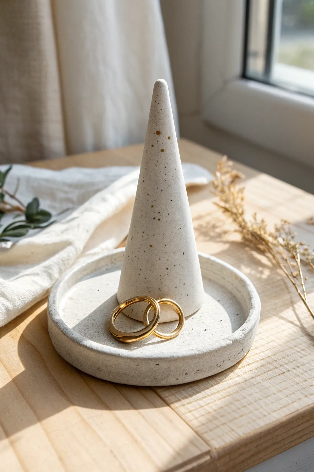 Simple air dry clay ring cone holder with dish base, minimal Scandinavian boho decor.