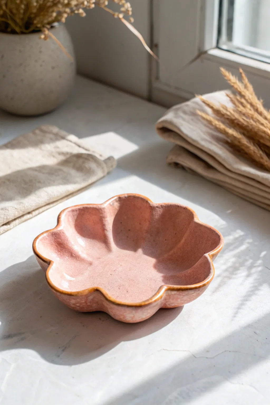 Scalloped petal-edge air dry clay ashtray with a crisp painted rim, simple and cheerful.