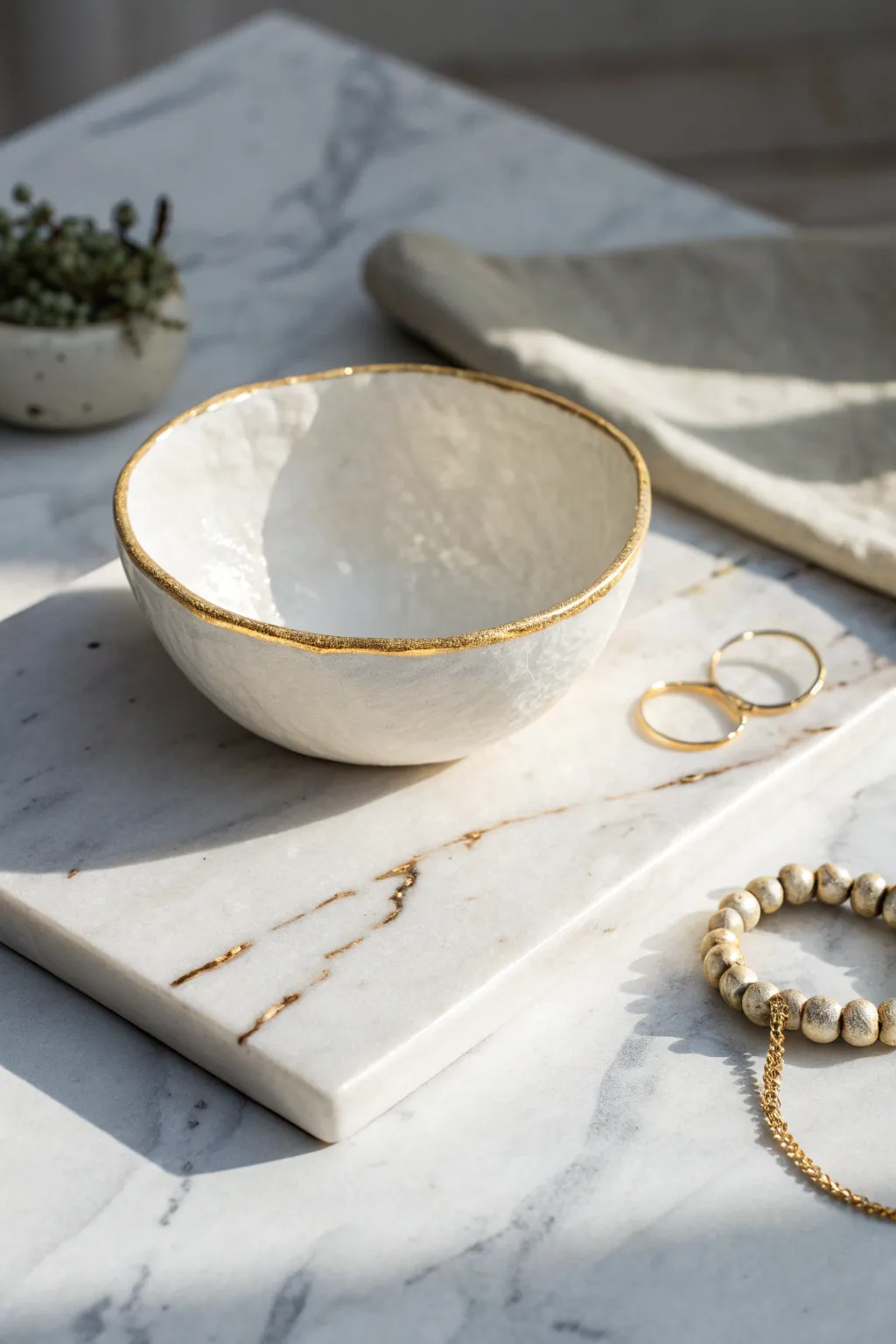 Minimal white air dry clay bowl with a delicate metallic rim for an easy luxe finish.
