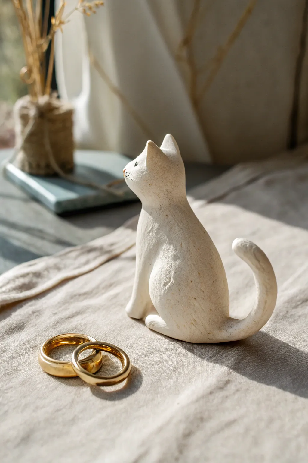 Minimal air dry clay cat ring holder with curled tail stand, keeping your rings beautifully in place