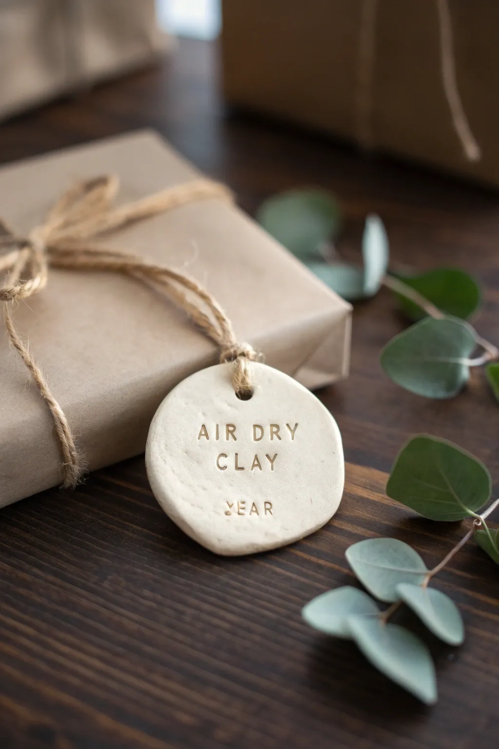 Minimal clay name tag ornament with jute twine, perfect for cozy Scandinavian Christmas gifting