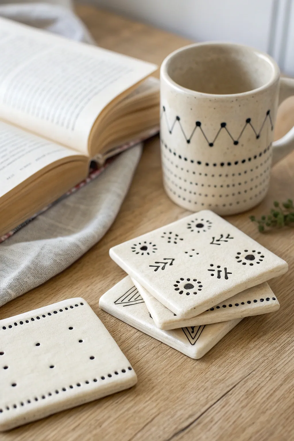 Minimal stamped air-dry clay coasters with crisp black patterns for a calm Nordic-boho table