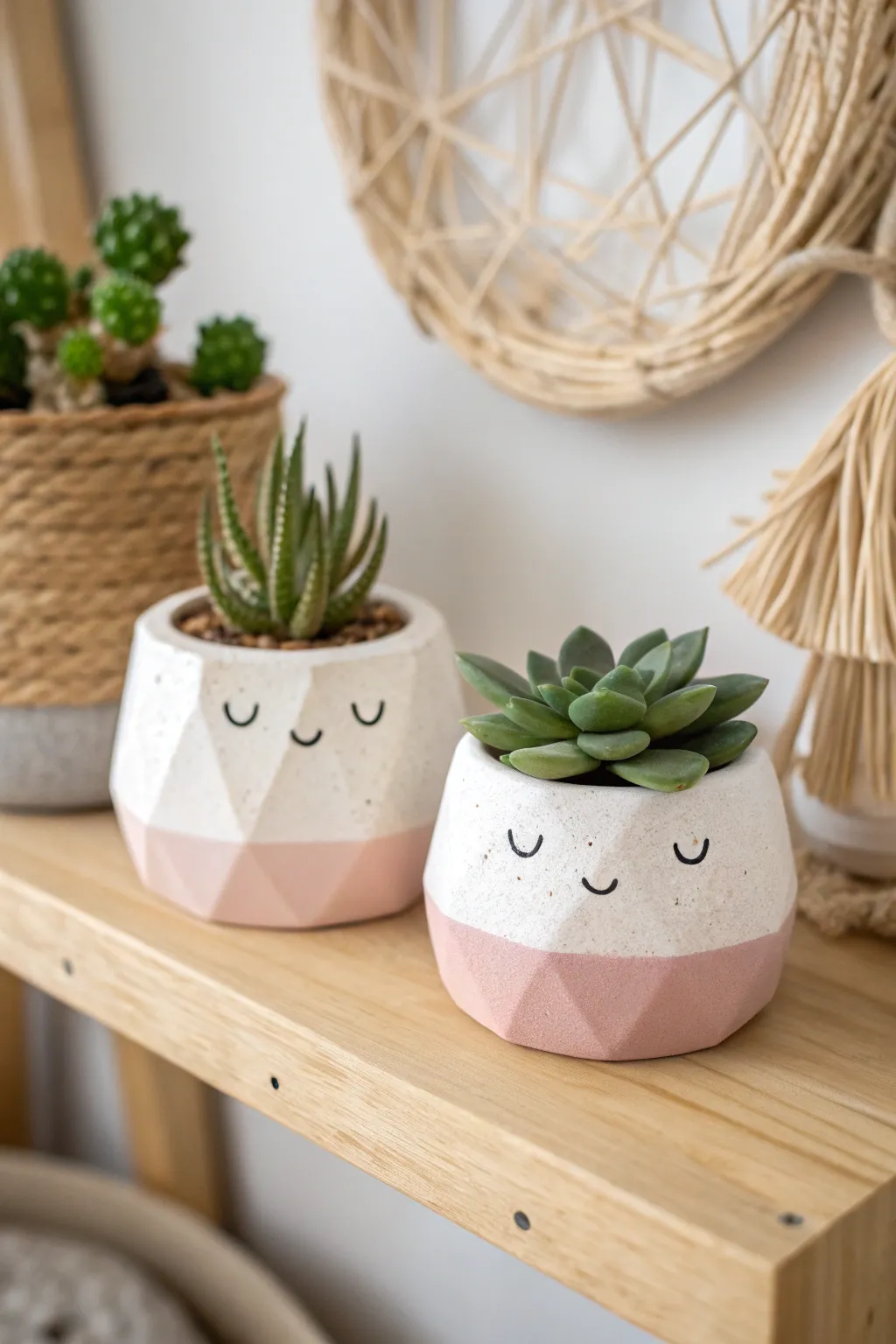 Adorable air dry clay succulent planters in minimalist Scandinavian style, cozy and handmade.