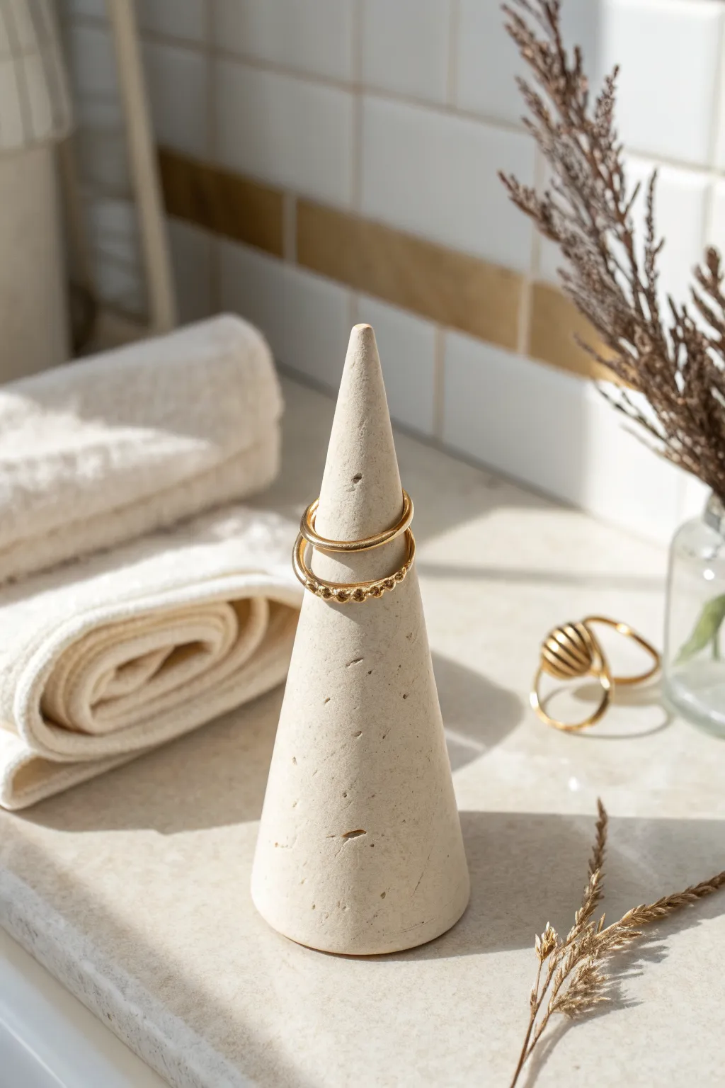 Minimal air dry clay cone ring holder for a tidy vanity, Scandinavian calm with boho warmth