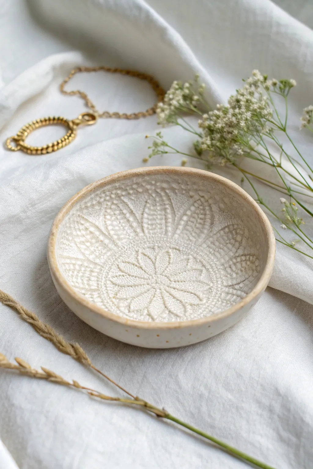 Lace-textured air dry clay dish in soft neutrals with minimal jewelry and dried bloom styling