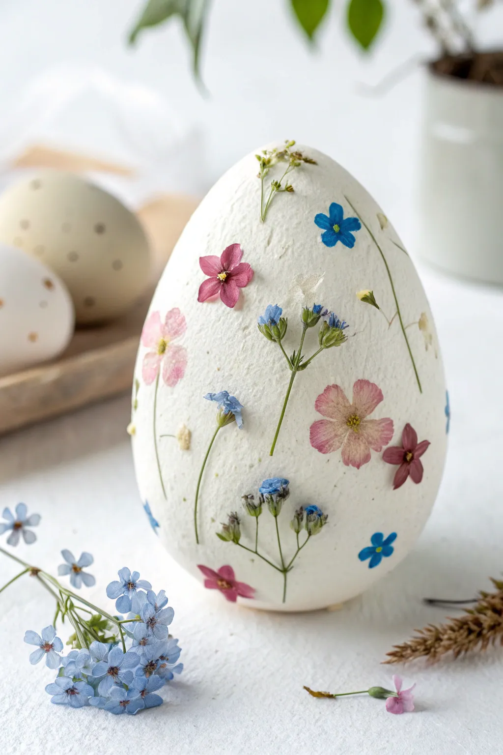 Minimal pressed-flower clay Easter egg on white, soft boho accents and crisp contrast