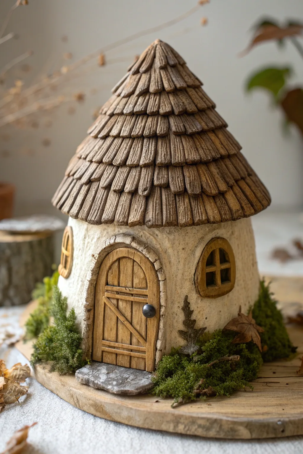 Woodland fairy hut with carved thatch roof and warm brown door, styled with simple dried leaves