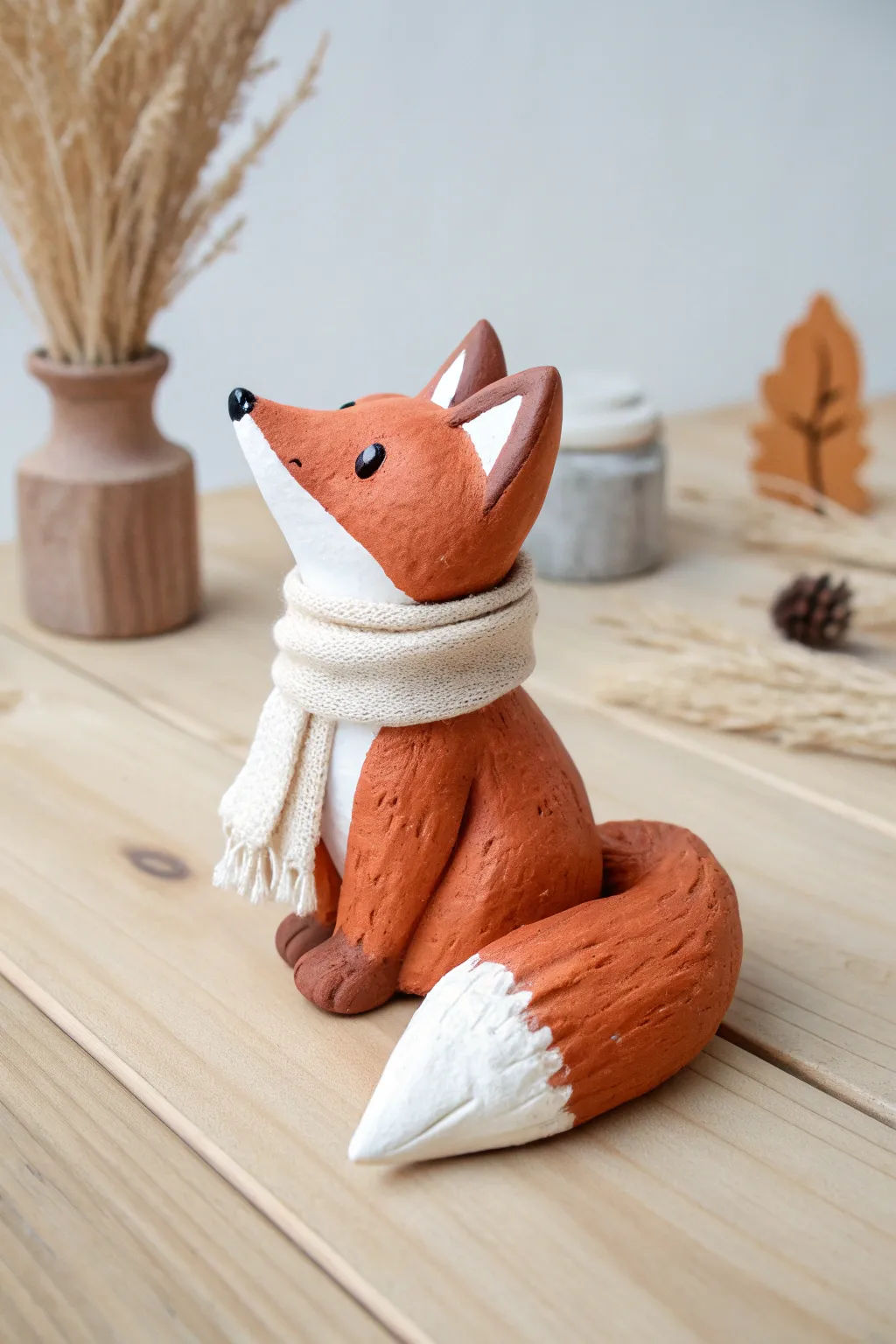 Mini air dry clay fox with a wrapped tail scarf, warm orange tones and a cozy minimalist vibe.