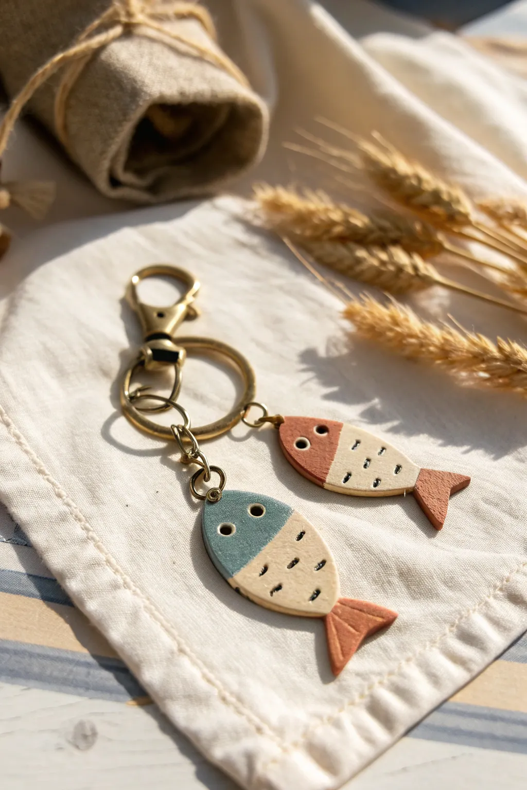 Bold color-blocked clay fish keychain charm set, styled simply beside a canvas pouch.