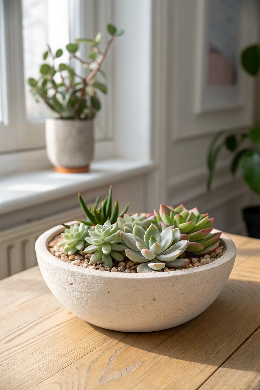 Shallow air-dry clay succulent bowl planter, minimalist and boho, perfect DIY coffee table accent.