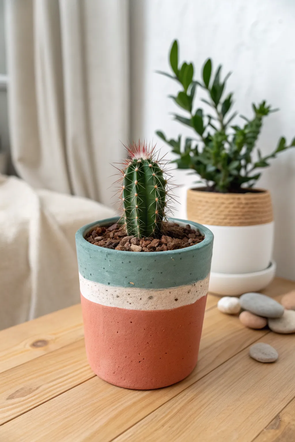 Color-dipped two-tone air dry clay pot vase with cactus, minimalist Scandinavian boho styling