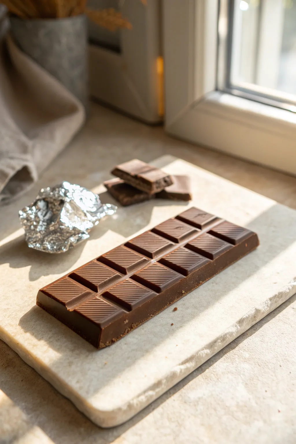 Tiny air dry clay chocolate bar with square segments, styled minimal with crinkled foil.