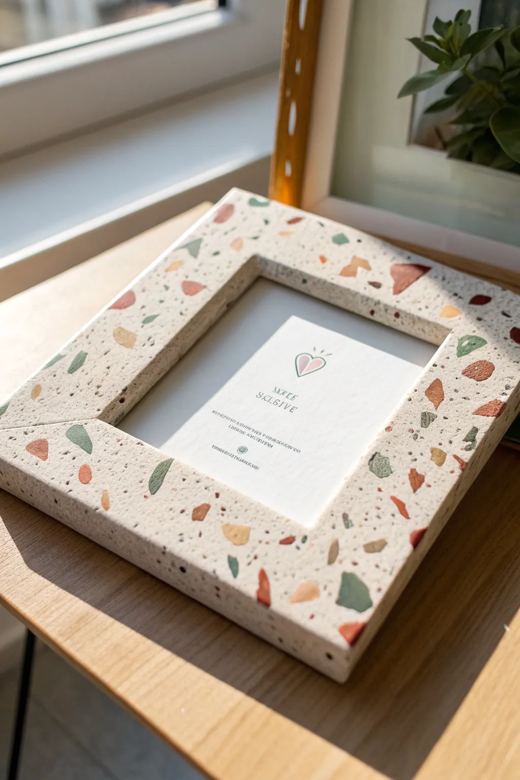 Terrazzo speckle air dry clay frame in soft pastels, minimalist and handmade for bright decor