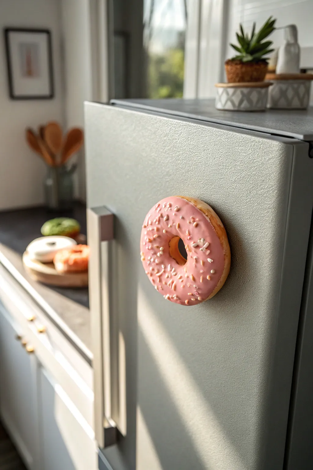 Sweet pastel iced donut clay magnet that brightens your fridge with cozy minimalist charm.