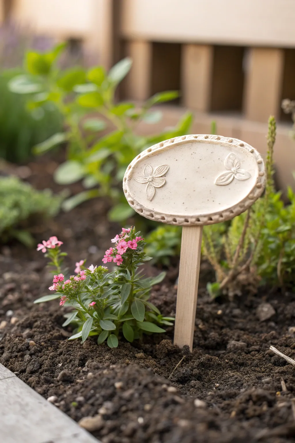 Minimal air dry clay garden sign with carved border, nestled by wildflowers for a whimsical touch