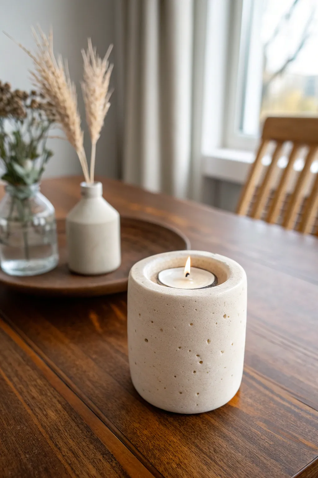 Modern speckled off-white clay candle holder styled with dried florals on a minimal table.