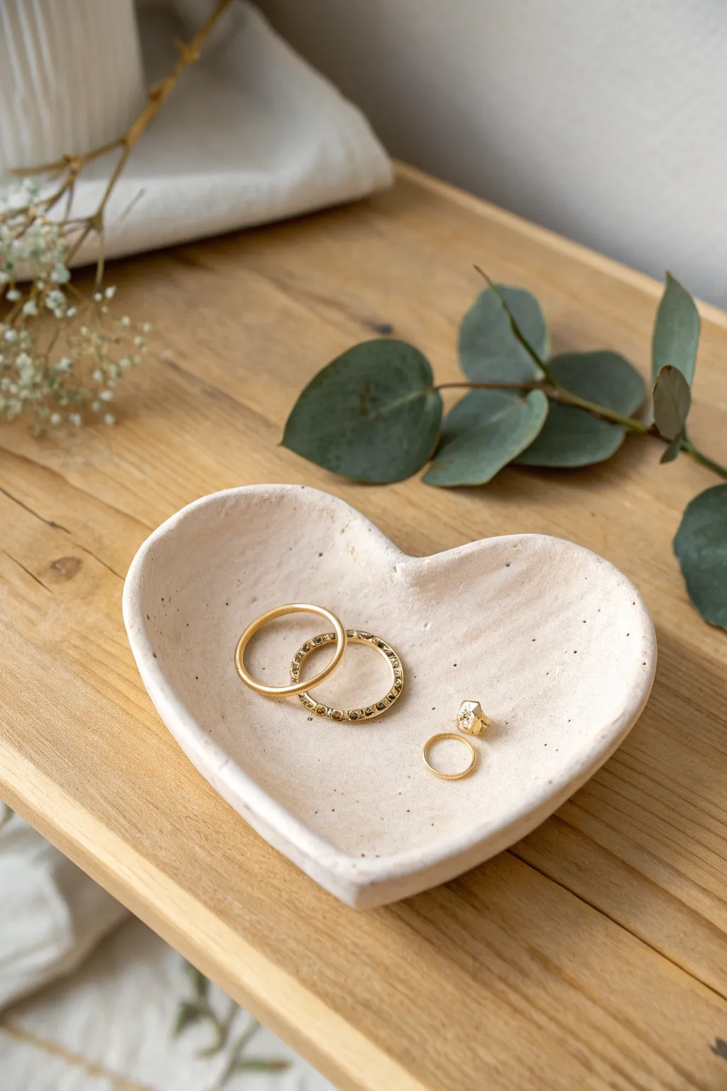 Minimal heart trinket dish in air dry clay, perfect for rings and tiny earrings.