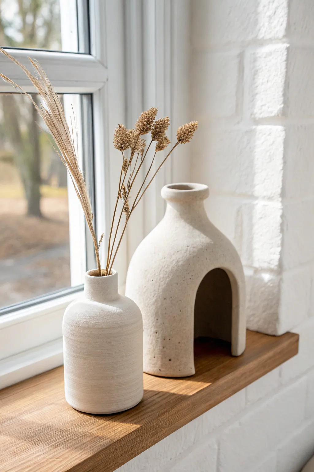 Two tiny air dry clay bud vases bring minimalist boho charm to a simple shelf nook.