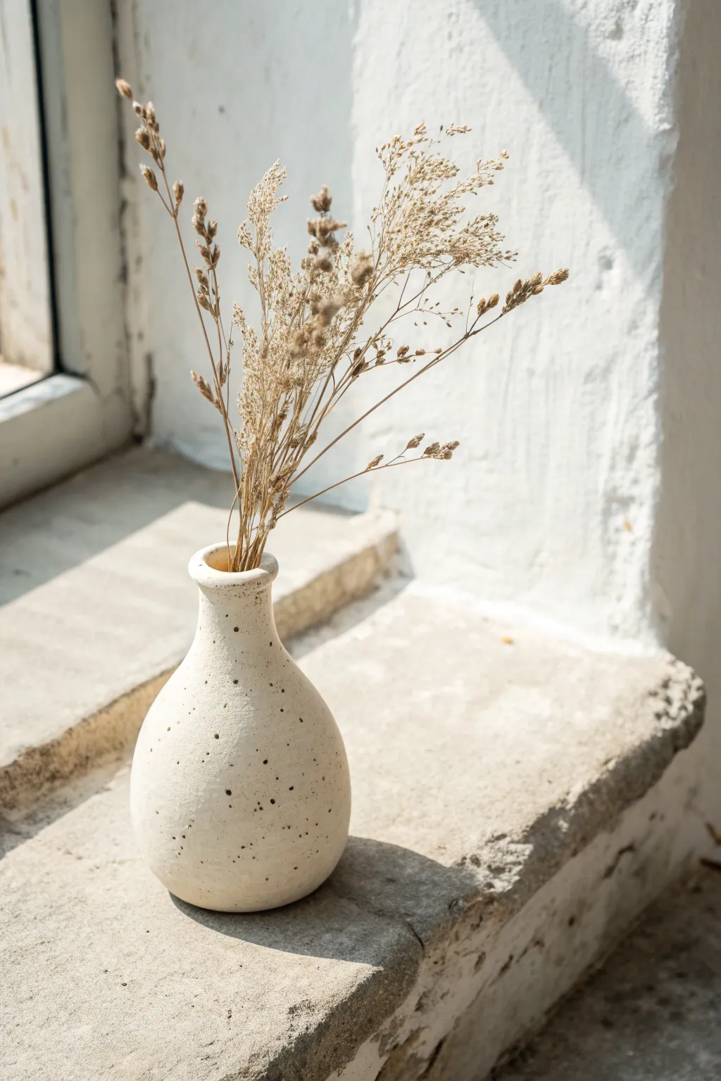 Speckled mini bud vase in warm white with dried stems, minimal Scandinavian boho styling