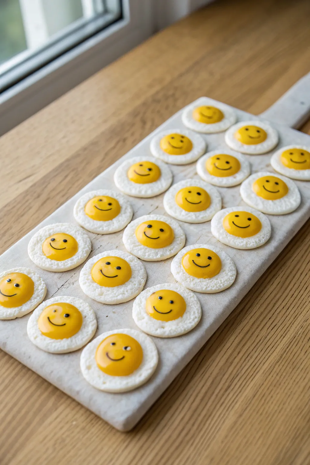 Smiley fried egg clay magnets in soft whites and buttery yellows, styled in a clean grid.
