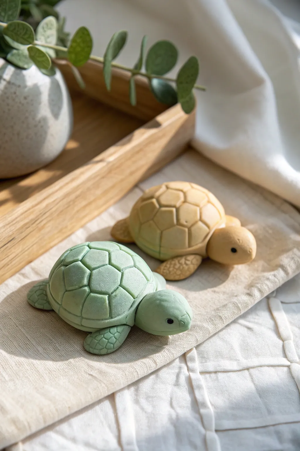 Two tiny air-dry clay turtles with simple hexagon shell texture in sage and sand tones