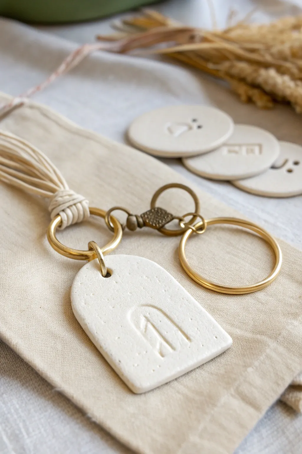 Minimal air dry clay keychain tag with subtle stamped detail and cotton cord, calm and gift-ready.