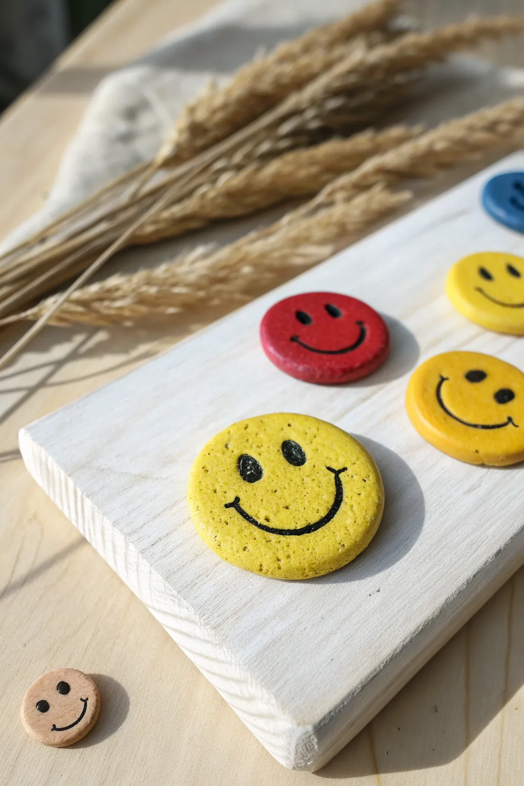Easy smiley face clay magnets in bright colors, a fun beginner kids craft with a cute finish