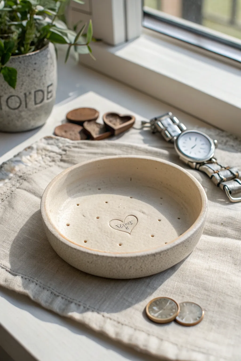 Minimal air dry clay watch dish with a secret underside stamp, perfect handmade gift for him