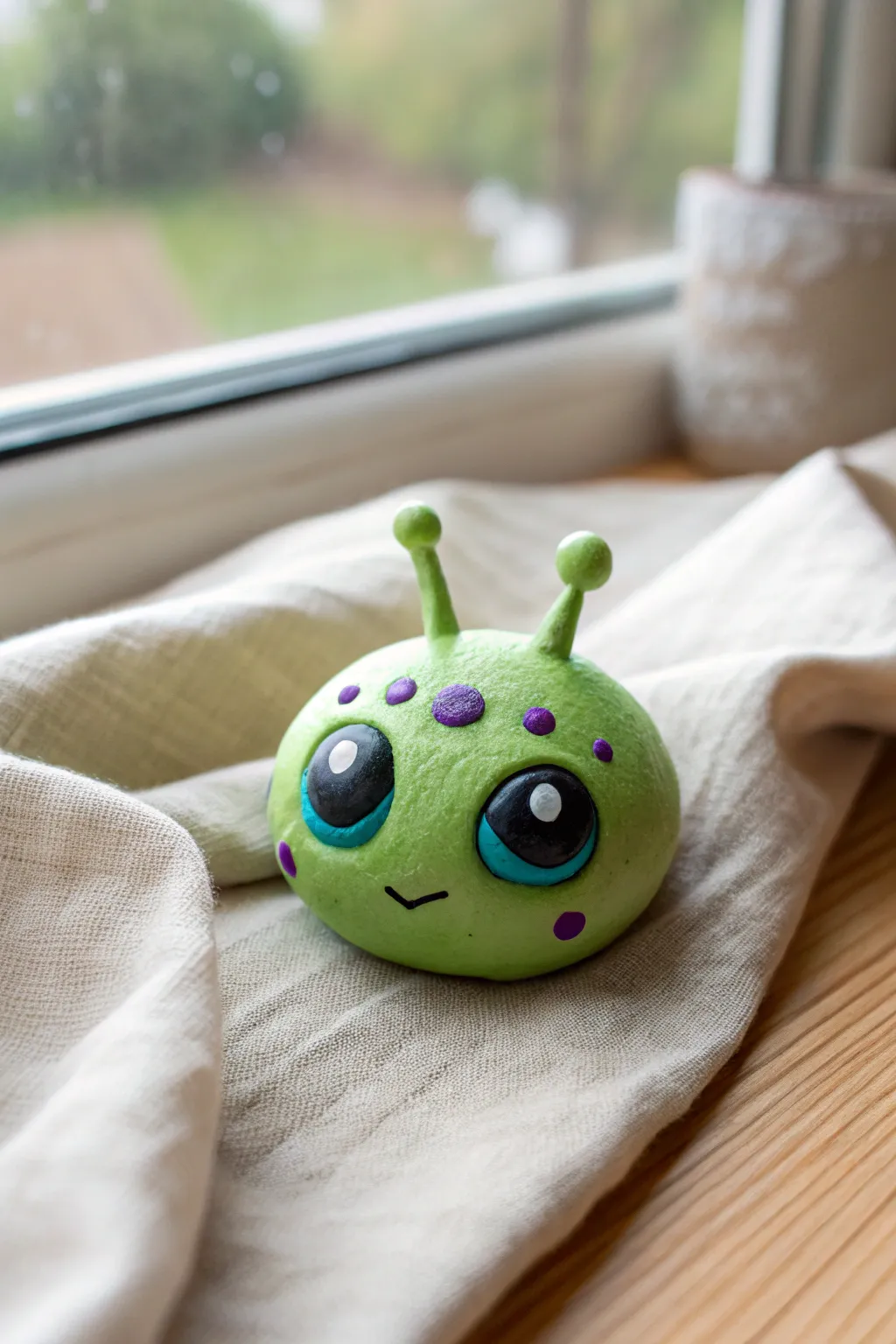 Neon alien head charm with silly antennas and eyes, a fun air dry clay idea for boys