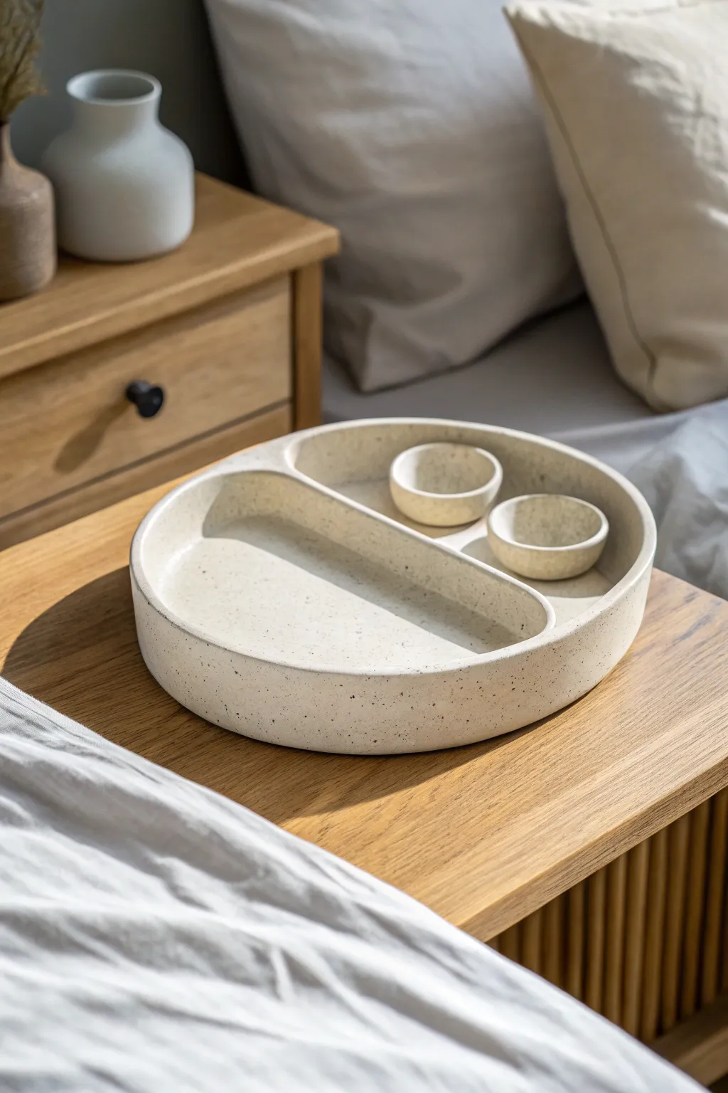 Minimal air dry clay tray with ring and watch wells, a simple handmade Fathers Day bedside gift