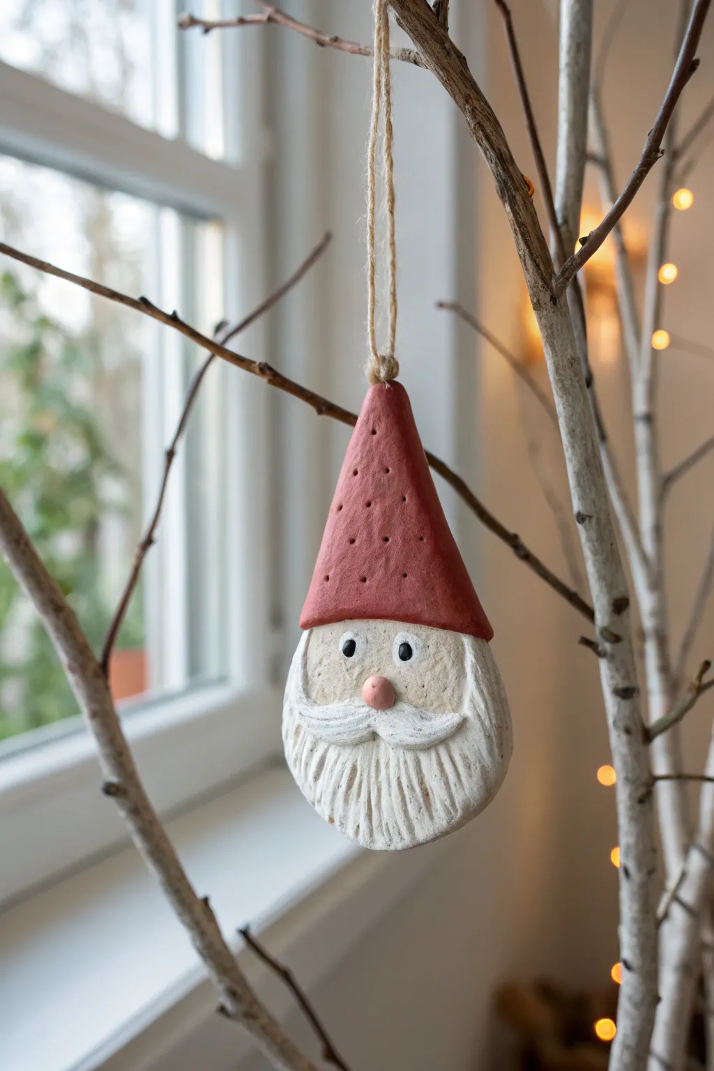 Simple air dry clay mini Santa ornament with textured beard, perfect for kids Christmas crafts.