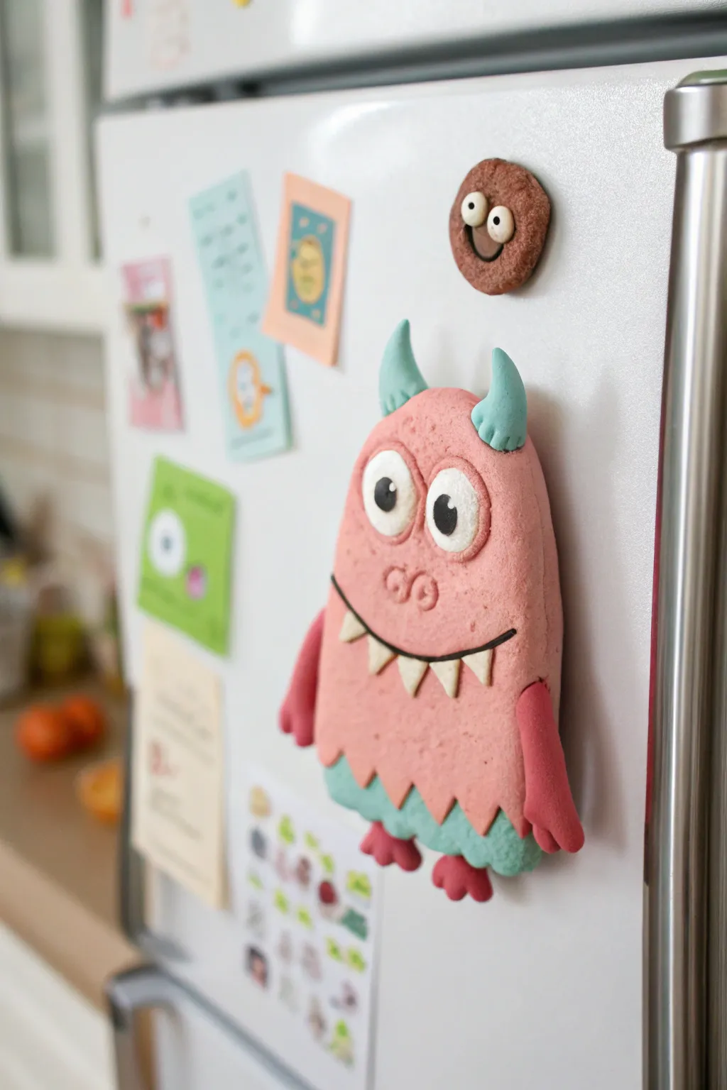 Big eyed air dry clay monster magnet popping against a sleek metal fridge, cute and kid friendly.