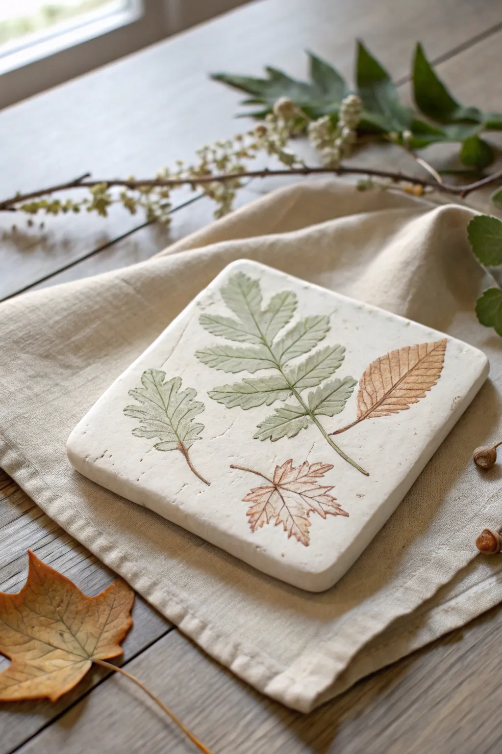 Sweet nature-imprint clay tile with leaf veins and flower textures, calming and kid-friendly.