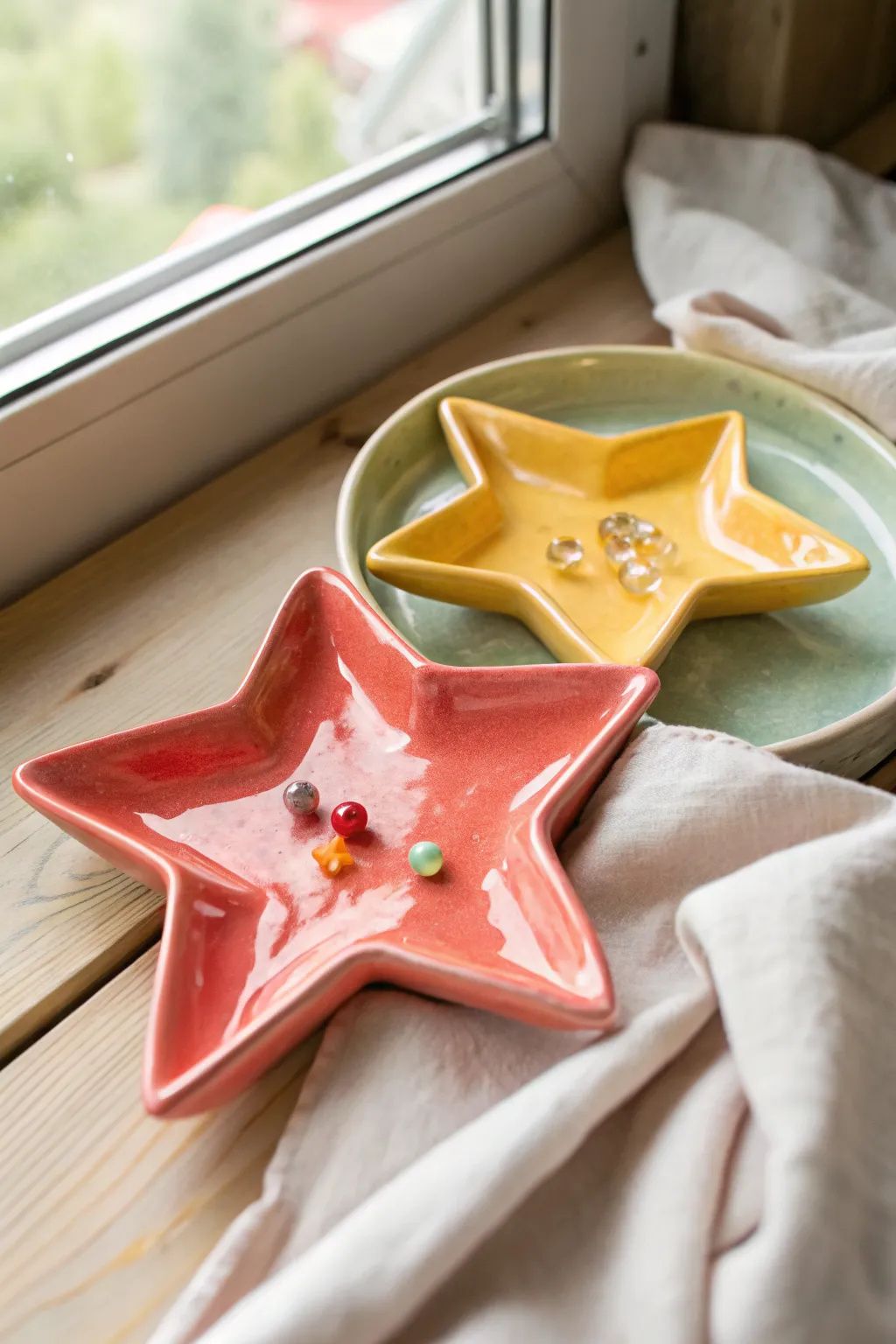 Bright star and heart trinket trays, glossy and kid-friendly, perfect for tiny classroom treasures