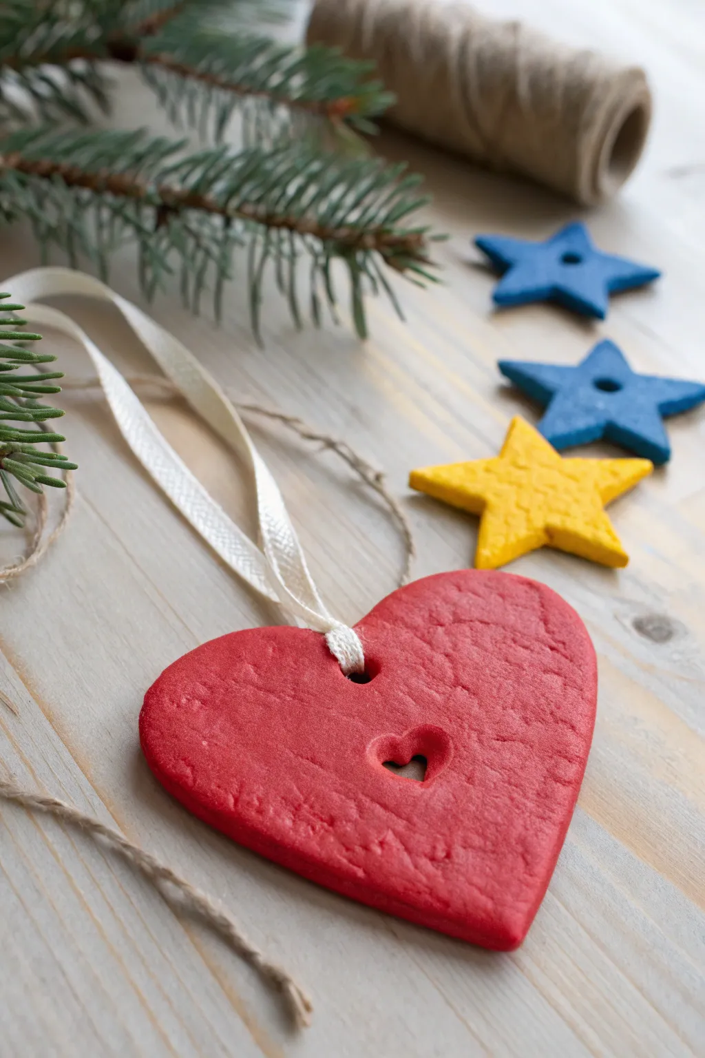 Toddler friendly cookie cutter star and heart clay ornaments with ribbons in bright primary hues