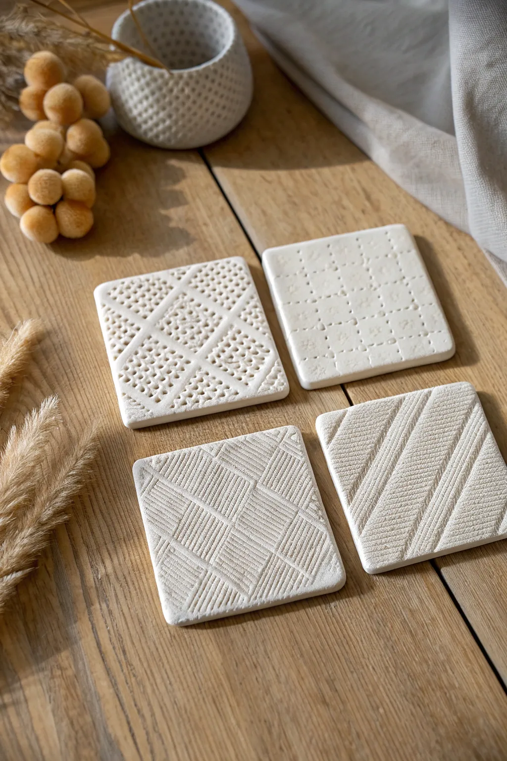 Four textured air dry clay coasters in a calm grid layout, minimal Scandinavian style