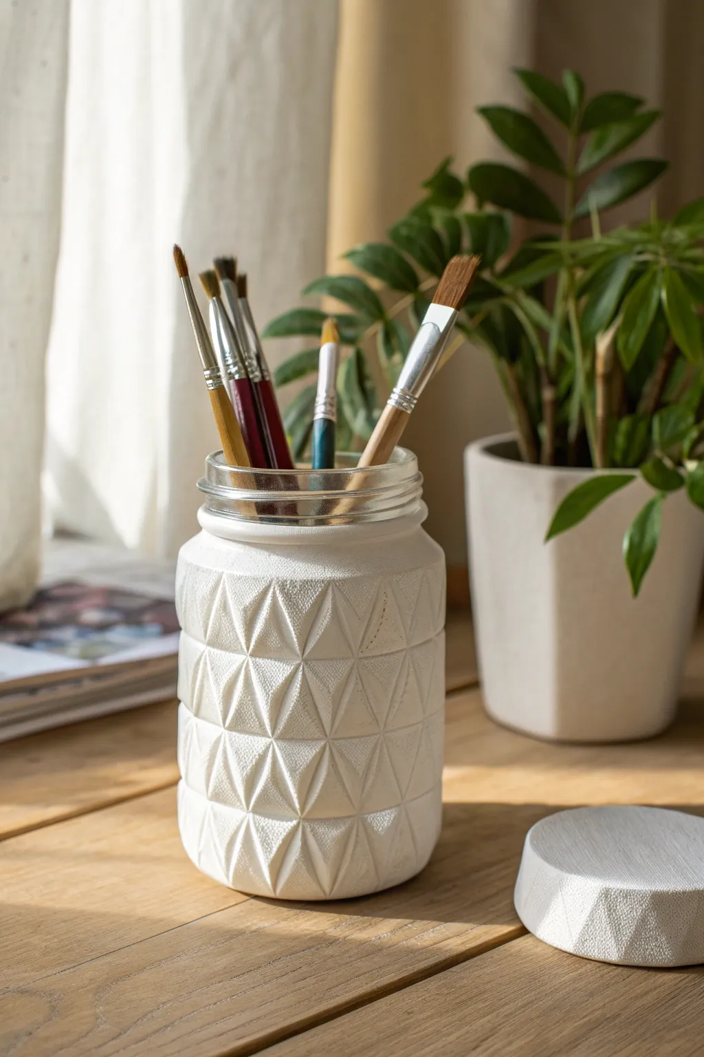 Bright white faceted clay jar sleeve on an upcycled jar, minimalist boho desk catch-all