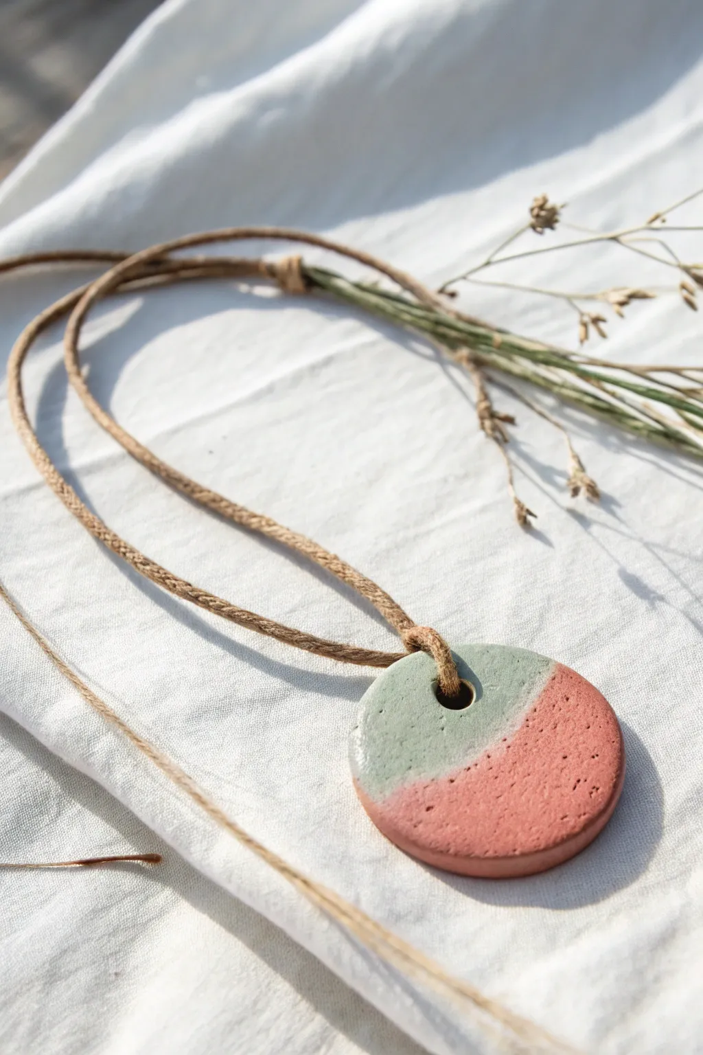 Minimal air dry clay disc pendant in muted tones, simple boho jewelry for beginners.